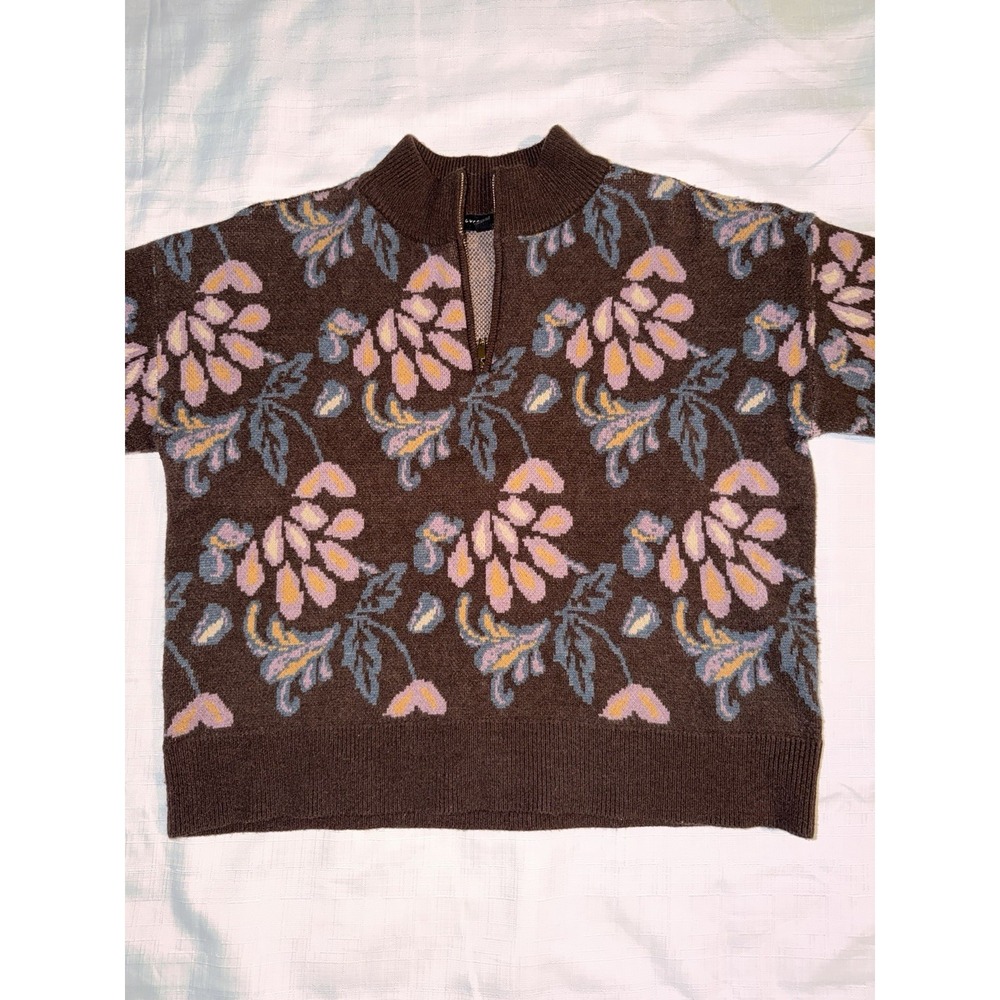 Current Air Brown Floral Knit Sweater Large 1/4 Zip Boho Retro Anthropologie